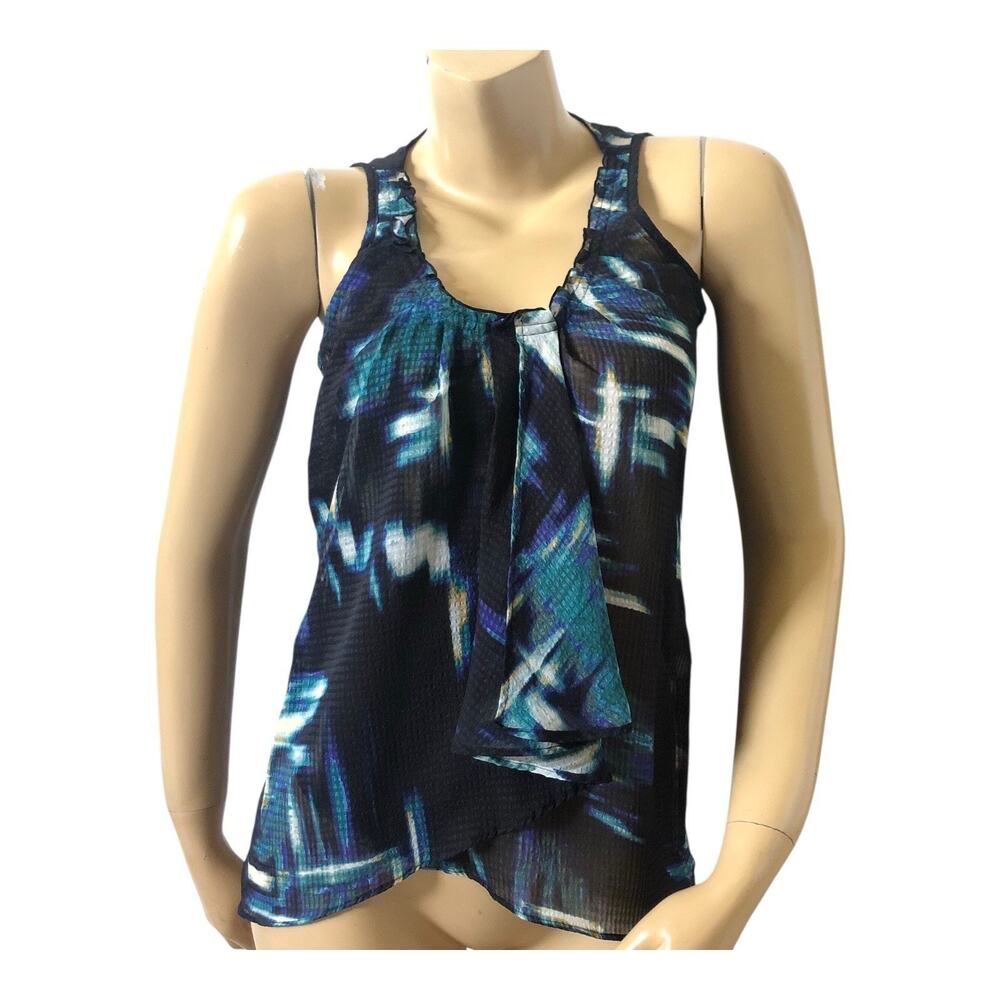 Apostrophe Top Womens Small Sheer Ruffle Front Sleeveless Blue Black Blouse